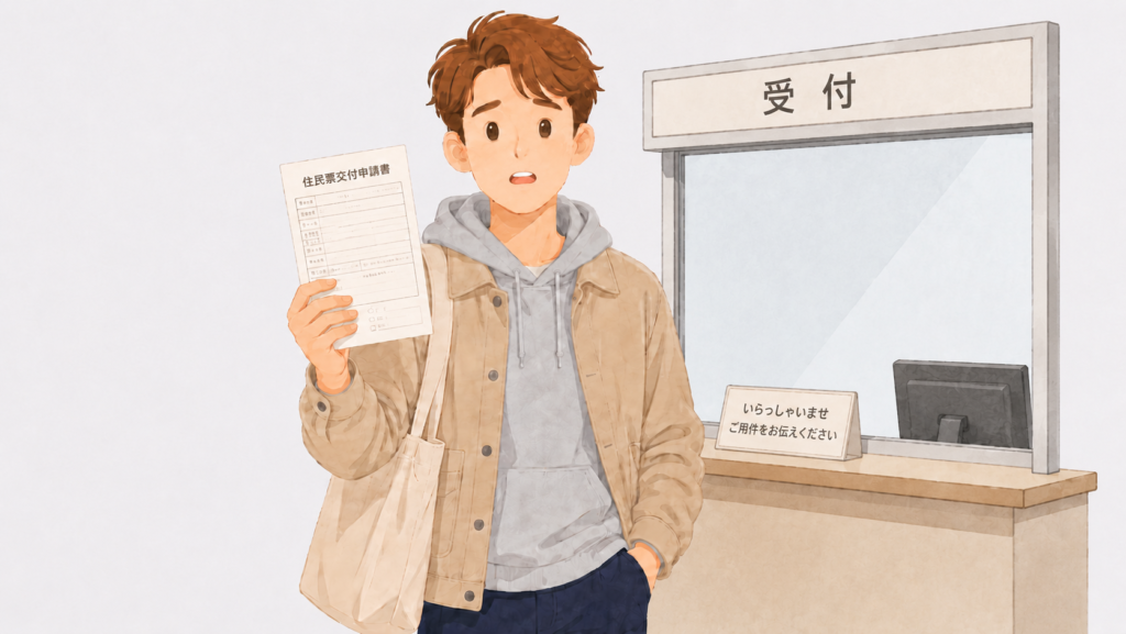 A worried young man holding a residence record application form at a city office counter.