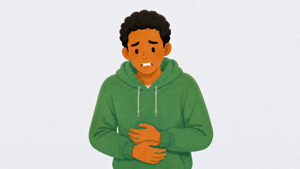 A worried young man holding his stomach and asking for help at a city office.