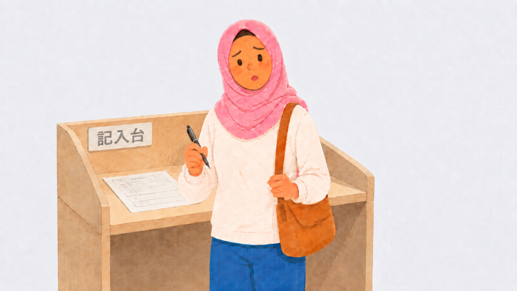 A worried woman holding a pen in front of a writing desk for filling out documents at a city office.