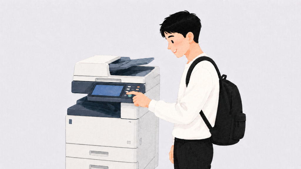 A man with a backpack operates a multi-copy machine to issue a certificate at a convenience store.