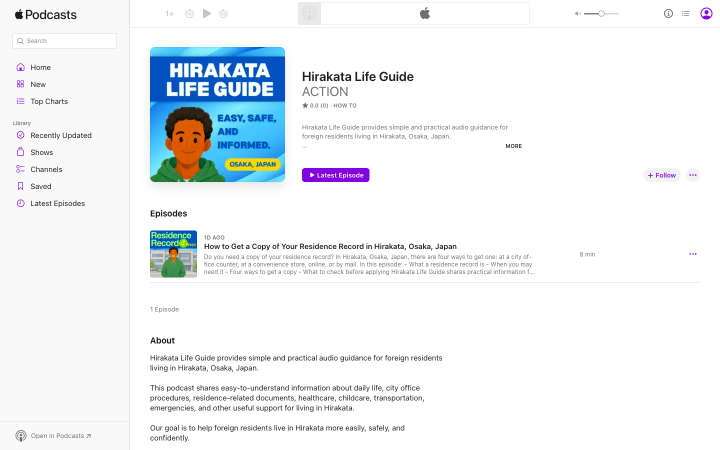 Hirakata Life Guide podcast page on Apple Podcasts
