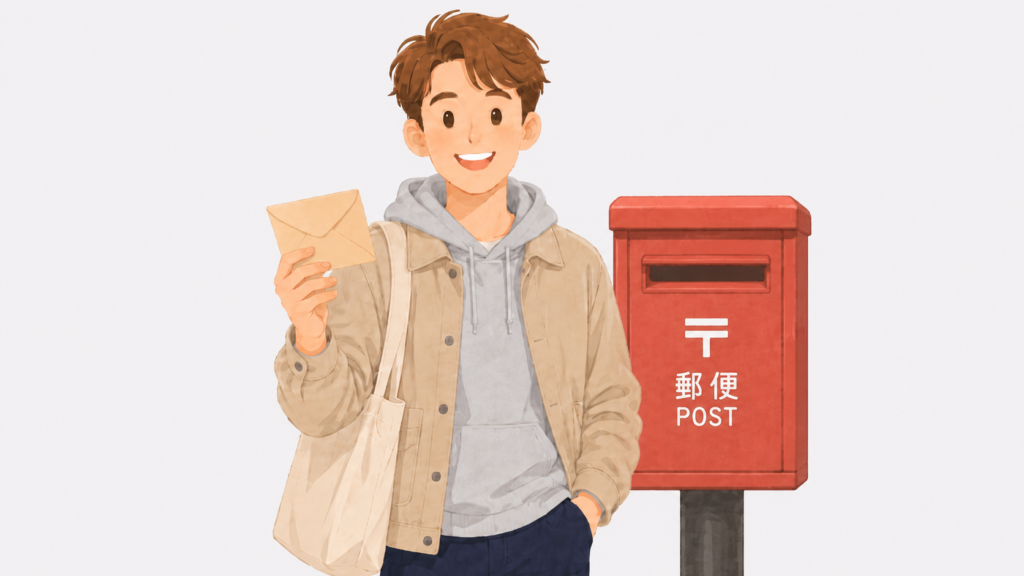 A smiling young man holding an envelope in front of a red post box