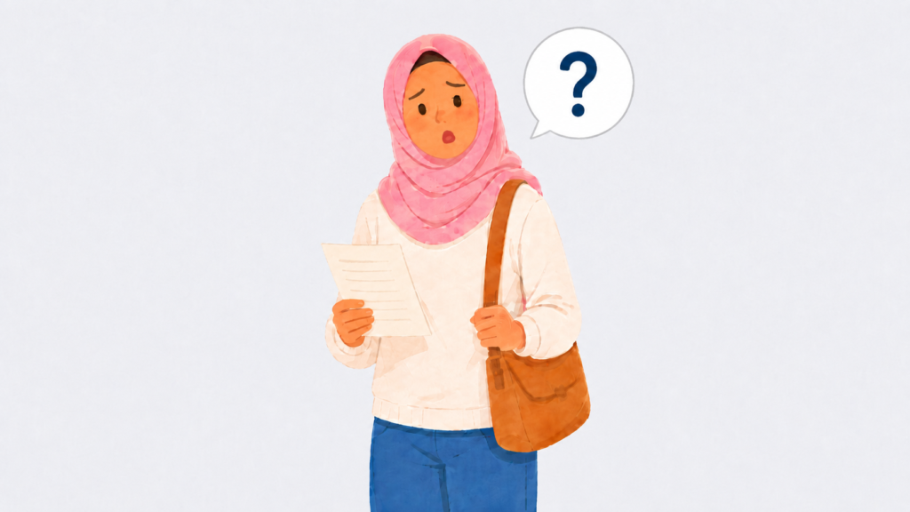 A woman holding a document looks confused, with a question mark in a speech bubble.