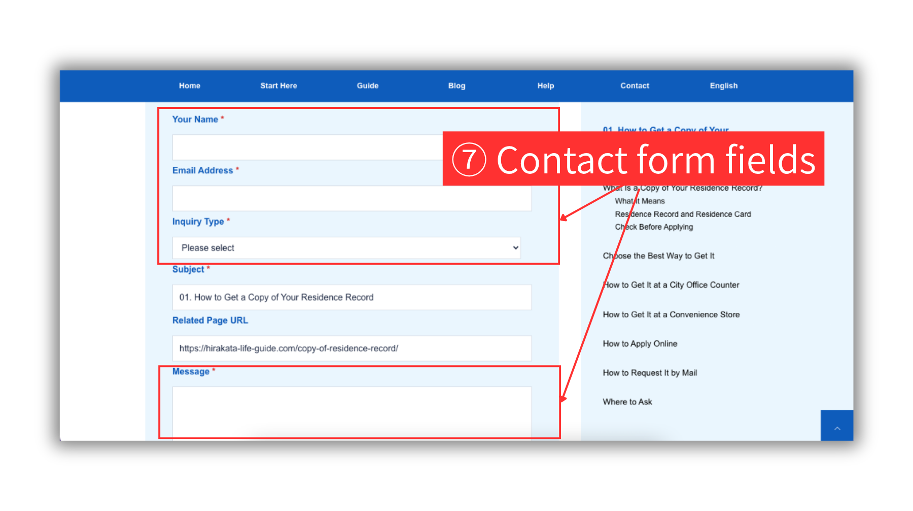 Screenshot of a Hirakata Life Guide article page, highlighting the contact form fields for name, email address, inquiry type, and message.