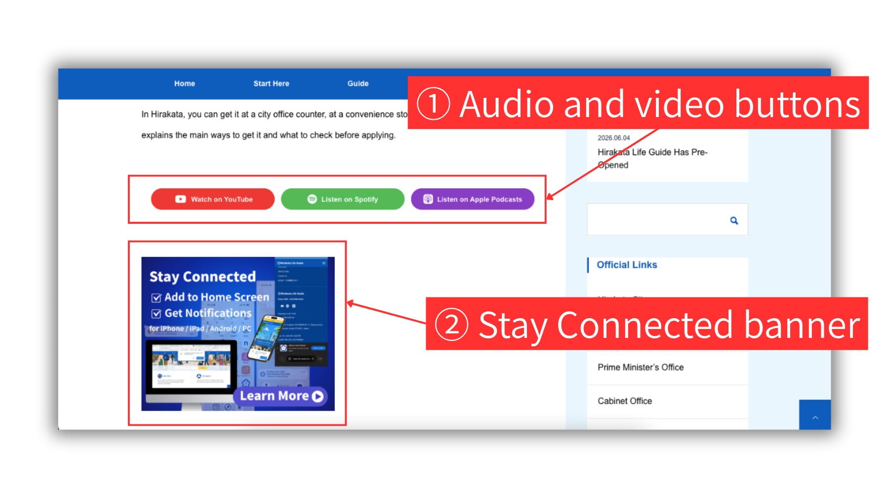 Screenshot of the main content area of a Hirakata Life Guide article page, highlighting the audio and video buttons and the Stay Connected banner.