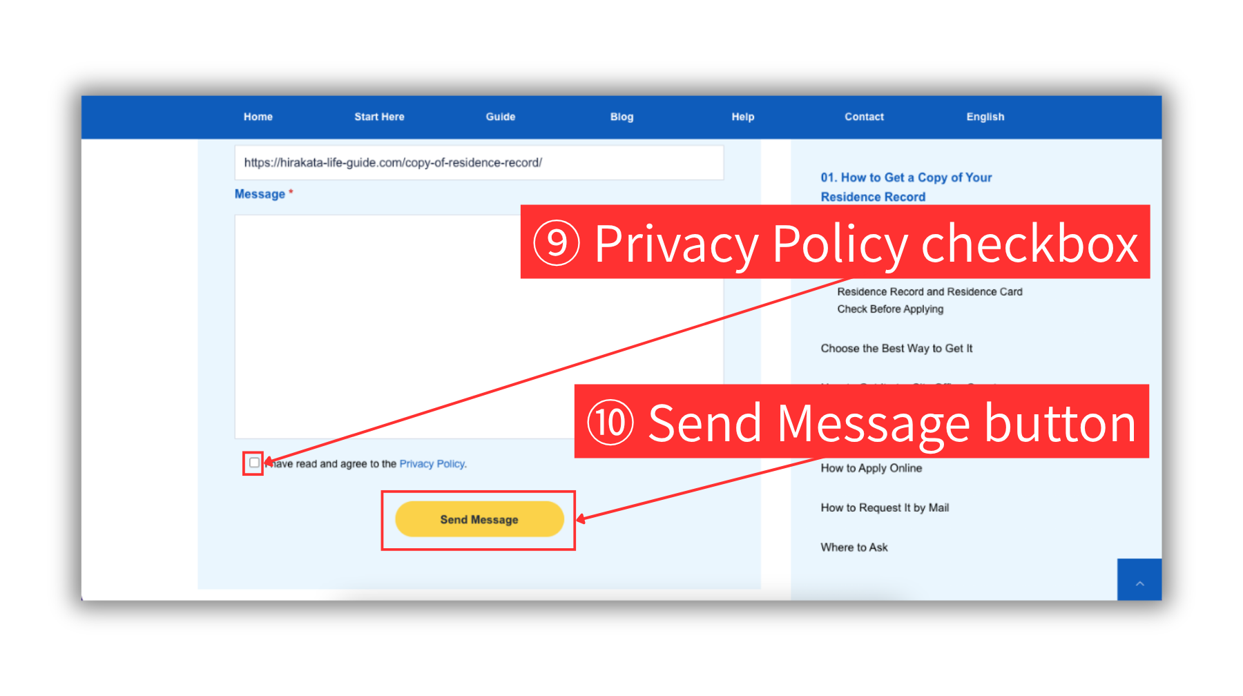 Screenshot of a Hirakata Life Guide article page, highlighting the Privacy Policy checkbox and the Send Message button in the contact form.