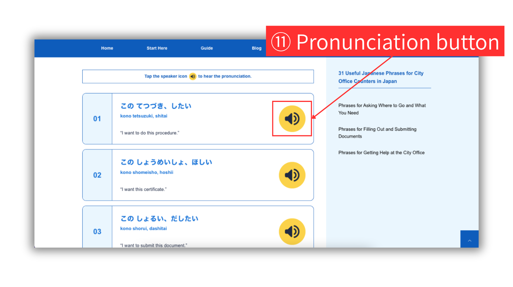 Screenshot of a Hirakata Life Guide article page, highlighting the yellow pronunciation button for Japanese phrases.