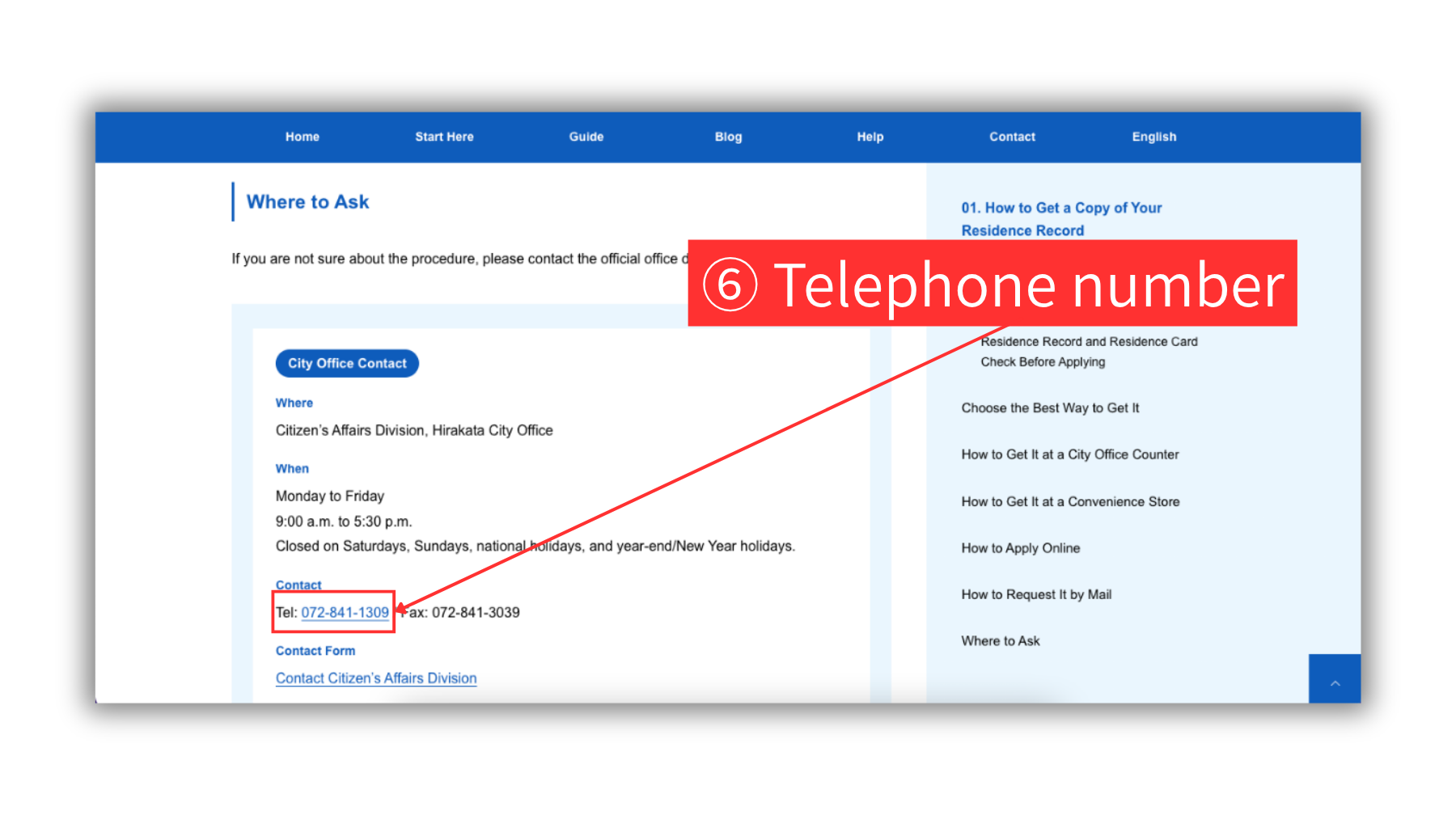 Screenshot of a Hirakata Life Guide article page, highlighting a clickable telephone number in the contact section.