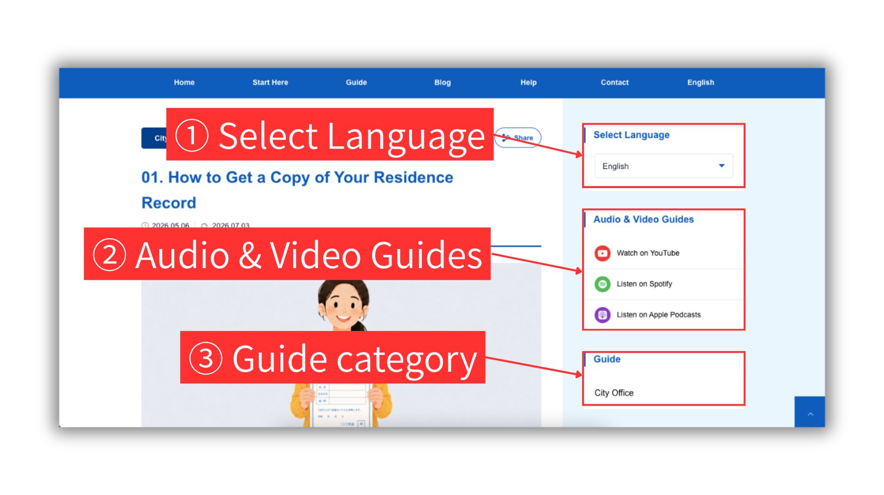 Screenshot of a Guide article page on Hirakata Life Guide, highlighting Select Language, Audio & Video Guides, and Guide category in the right side area.