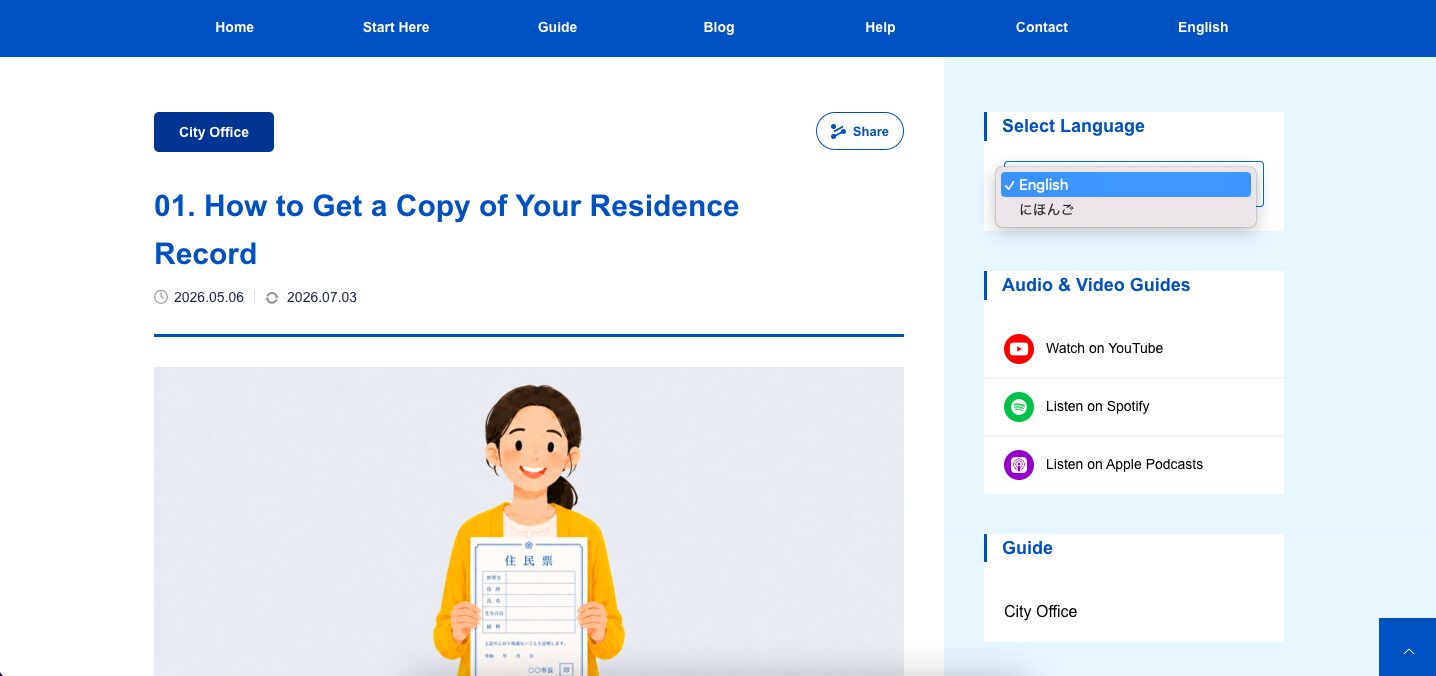 Screenshot of a Guide article page on Hirakata Life Guide, showing the Select Language dropdown in the right side area.