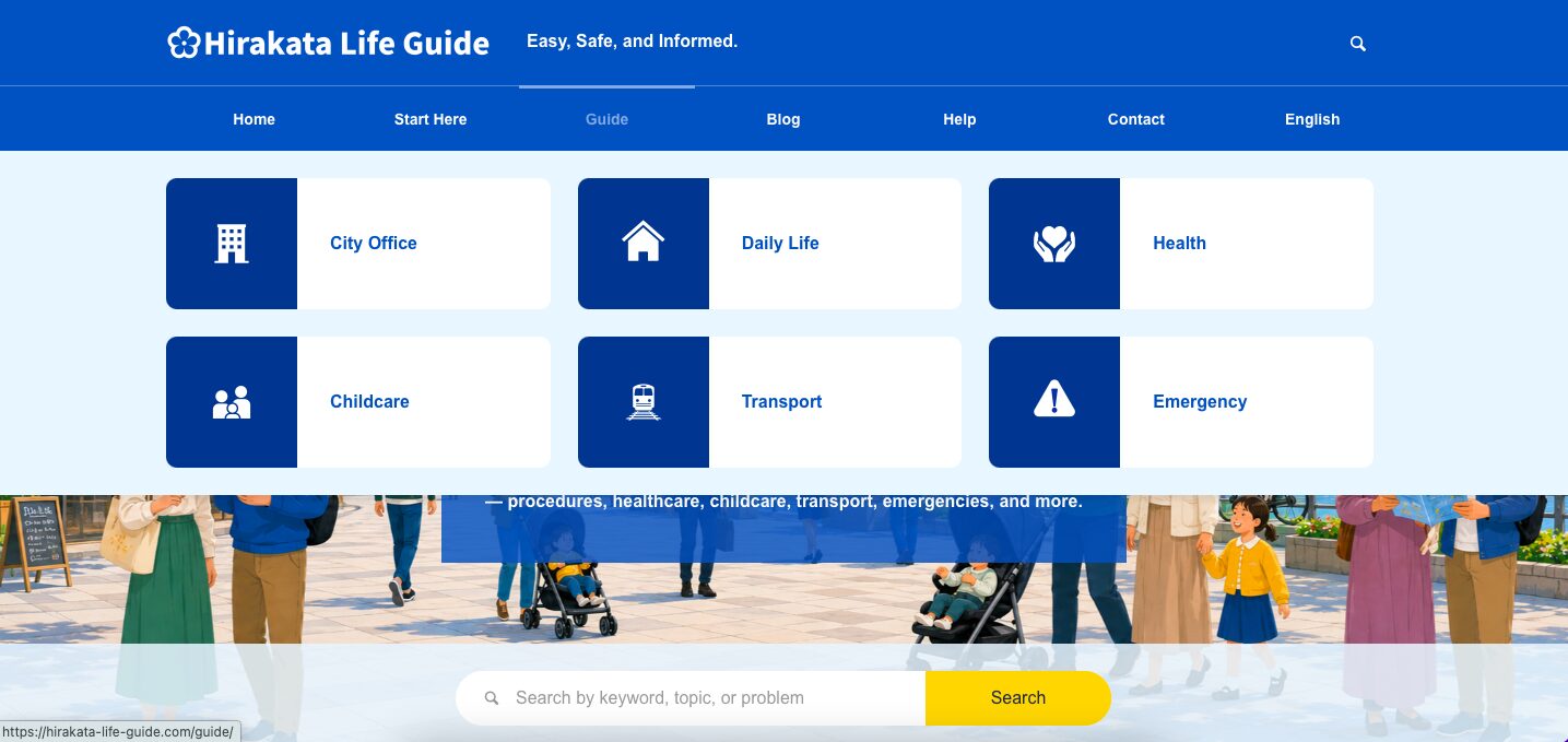 Screenshot of the Guide submenu on the Hirakata Life Guide computer screen, showing guide categories such as City Office, Daily Life, Health, Childcare, Transport, and Emergency.