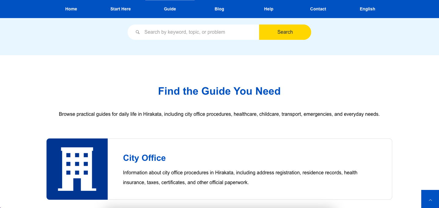 Screenshot showing the Guide all categories page on Hirakata Life Guide.