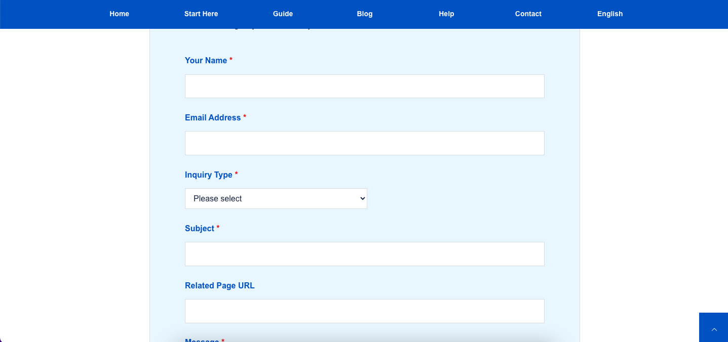 Screenshot of the Contact Us form on Hirakata Life Guide showing name, email address, inquiry type, subject, related page URL, and message fields.