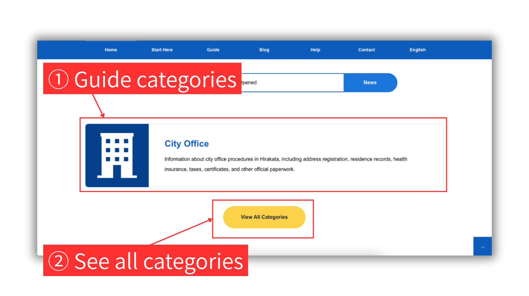 Screenshot showing the Guide categories area and the See all categories button on the Hirakata Life Guide home page.