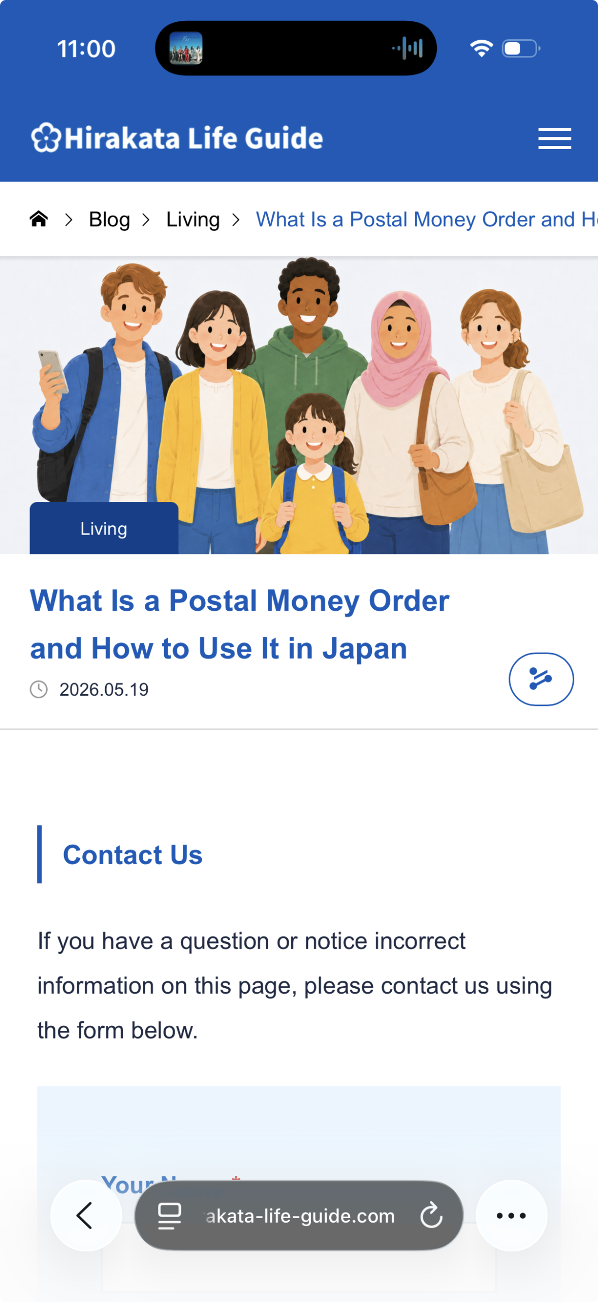 Smartphone screenshot of a Hirakata Life Guide blog article opened from the Living Blog category page.