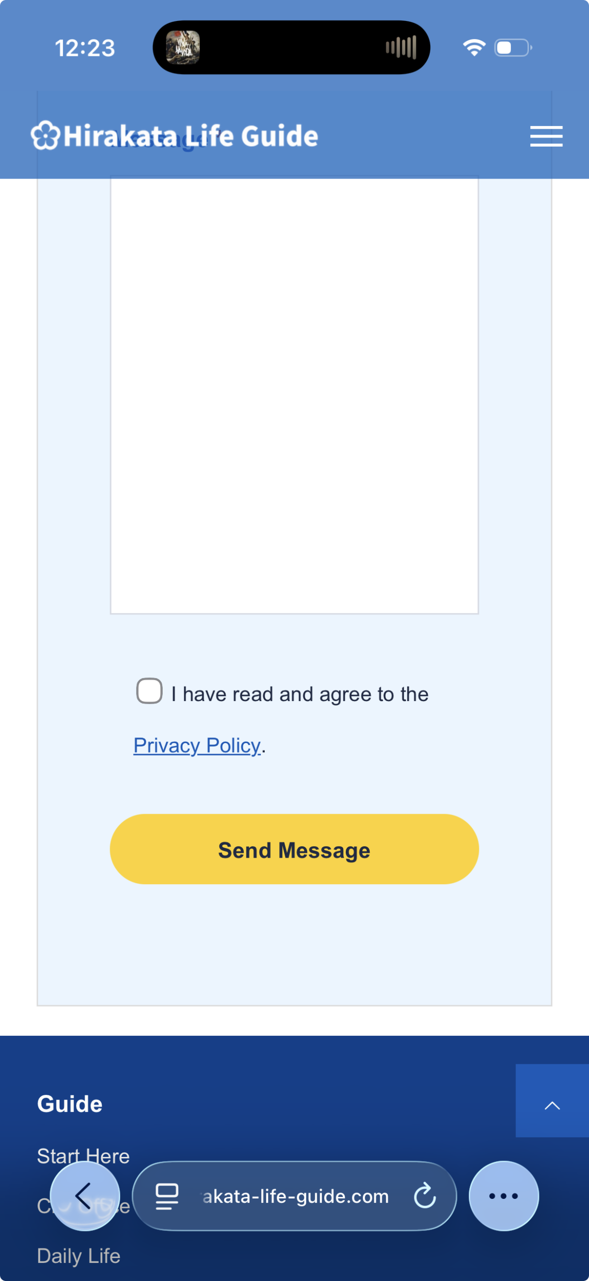 Smartphone screenshot of the Hirakata Life Guide Contact Us form showing the Privacy Policy agreement checkbox and Send Message button.